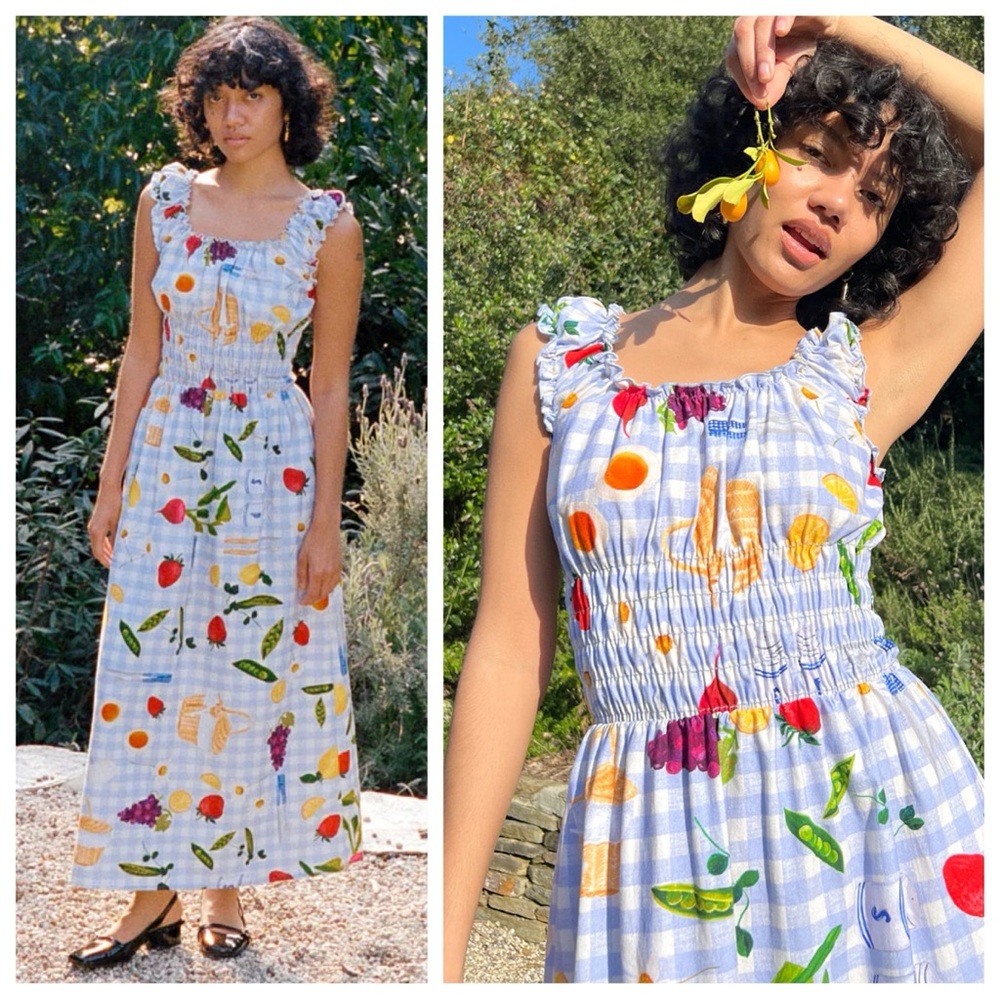 Lisa Says Gah Blue Checkered Maxi Dress with Colorful Fruit Print